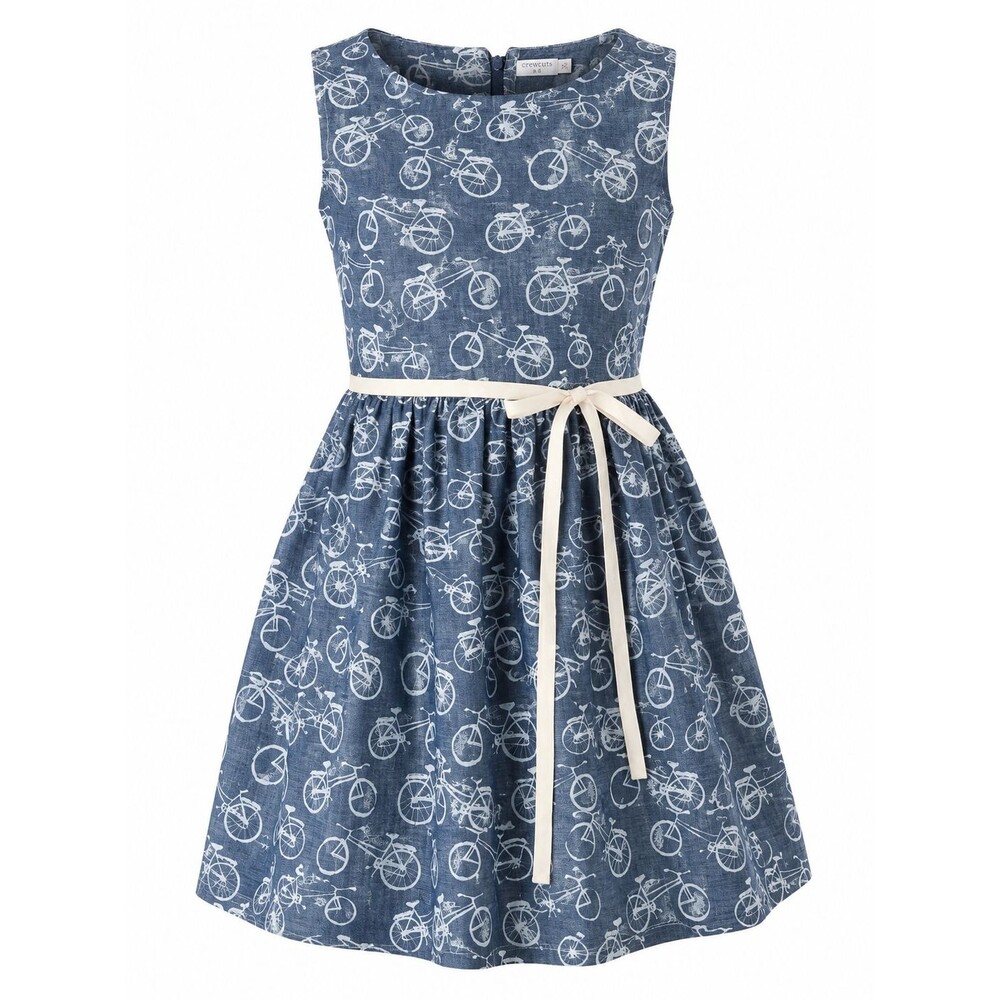 Crewcuts Girls Bicycle Print Dress Size 12 NWT Blue Cotton Tie Waist Summer Dres